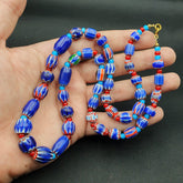 Blue Chevron and White Heart Venetian Beads African Glass Beads Necklace #24